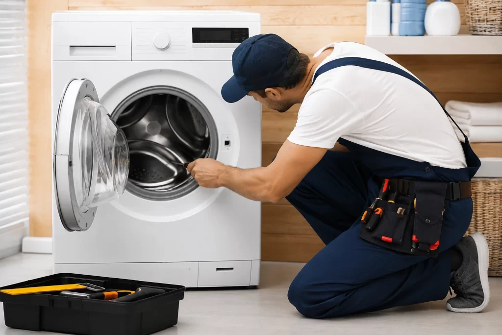 Technician in dark blue uniform inspecting the drum of a white front-load washing machine with tools nearby, providing appliance repair services.