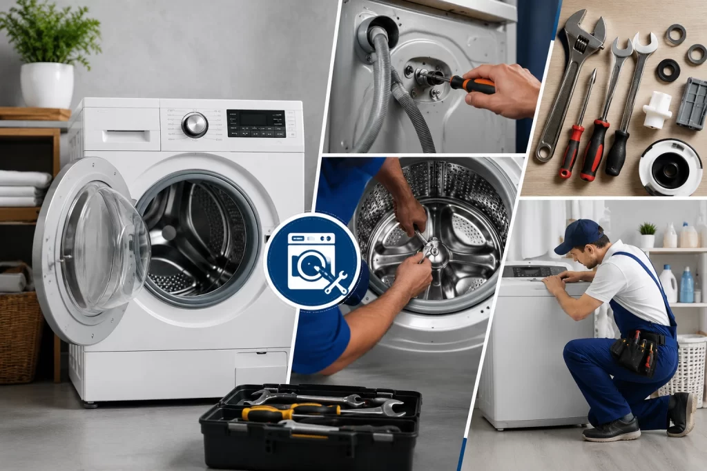 Professional technician repairing a front-load washing machine with tools, ideal for washing machine repair and installation services.