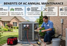 AC technician performing annual maintenance on an outdoor air conditioning unit.