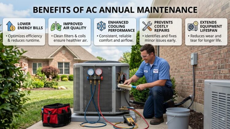 AC technician performing annual maintenance on an outdoor air conditioning unit.