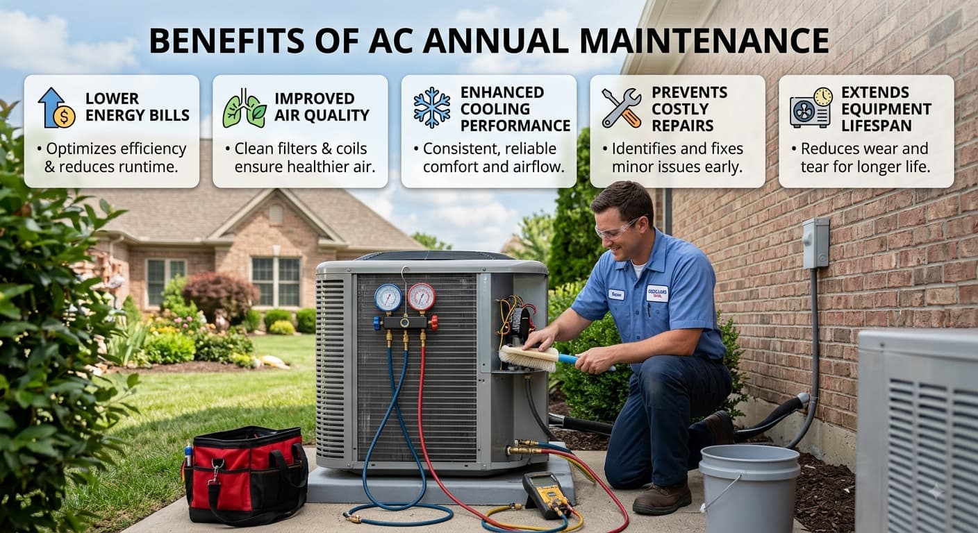 AC technician performing annual maintenance on an outdoor air conditioning unit.