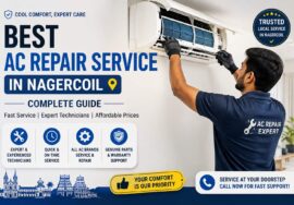 Best AC repair service in Nagercoil with a technician servicing a split air conditioner.