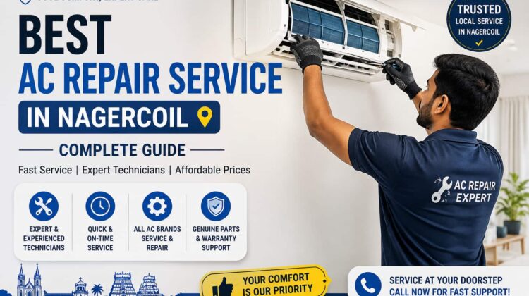 Best AC repair service in Nagercoil with a technician servicing a split air conditioner.