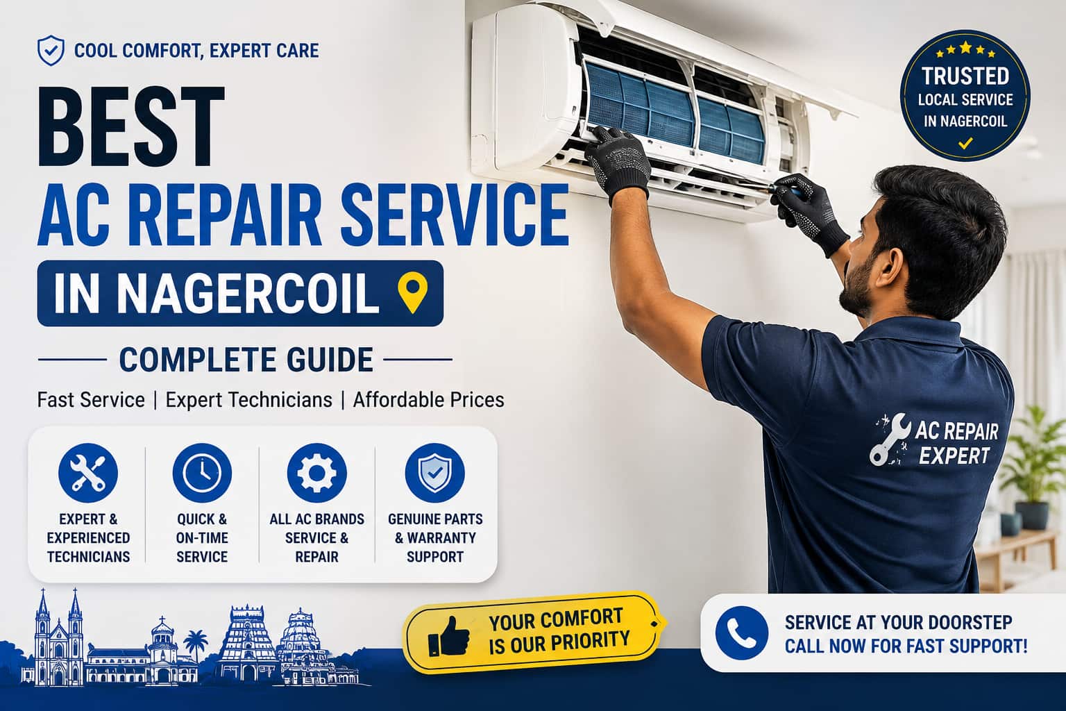 Best AC repair service in Nagercoil with a technician servicing a split air conditioner.