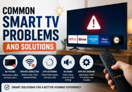 This image is a featured image/thumbnail for a blog post titled “Common Smart TV Problems and Solutions.”