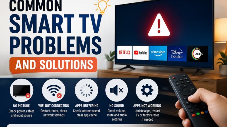 This image is a featured image/thumbnail for a blog post titled “Common Smart TV Problems and Solutions.”