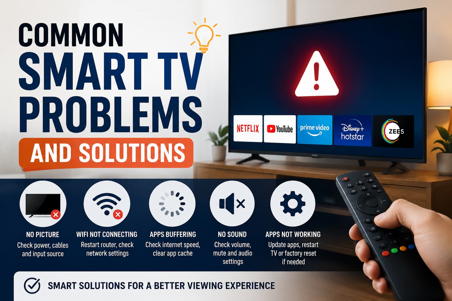 This image is a featured image/thumbnail for a blog post titled “Common Smart TV Problems and Solutions.”