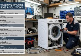 Washing machine repair technician inspecting a front-load washing machine with a list of the top 10 washing machine problems and solutions.