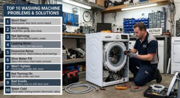 Washing machine repair technician inspecting a front-load washing machine with a list of the top 10 washing machine problems and solutions.