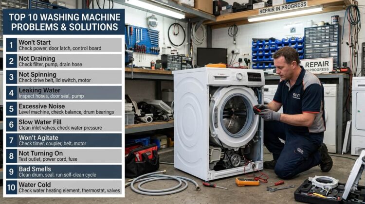 Washing machine repair technician inspecting a front-load washing machine with a list of the top 10 washing machine problems and solutions.