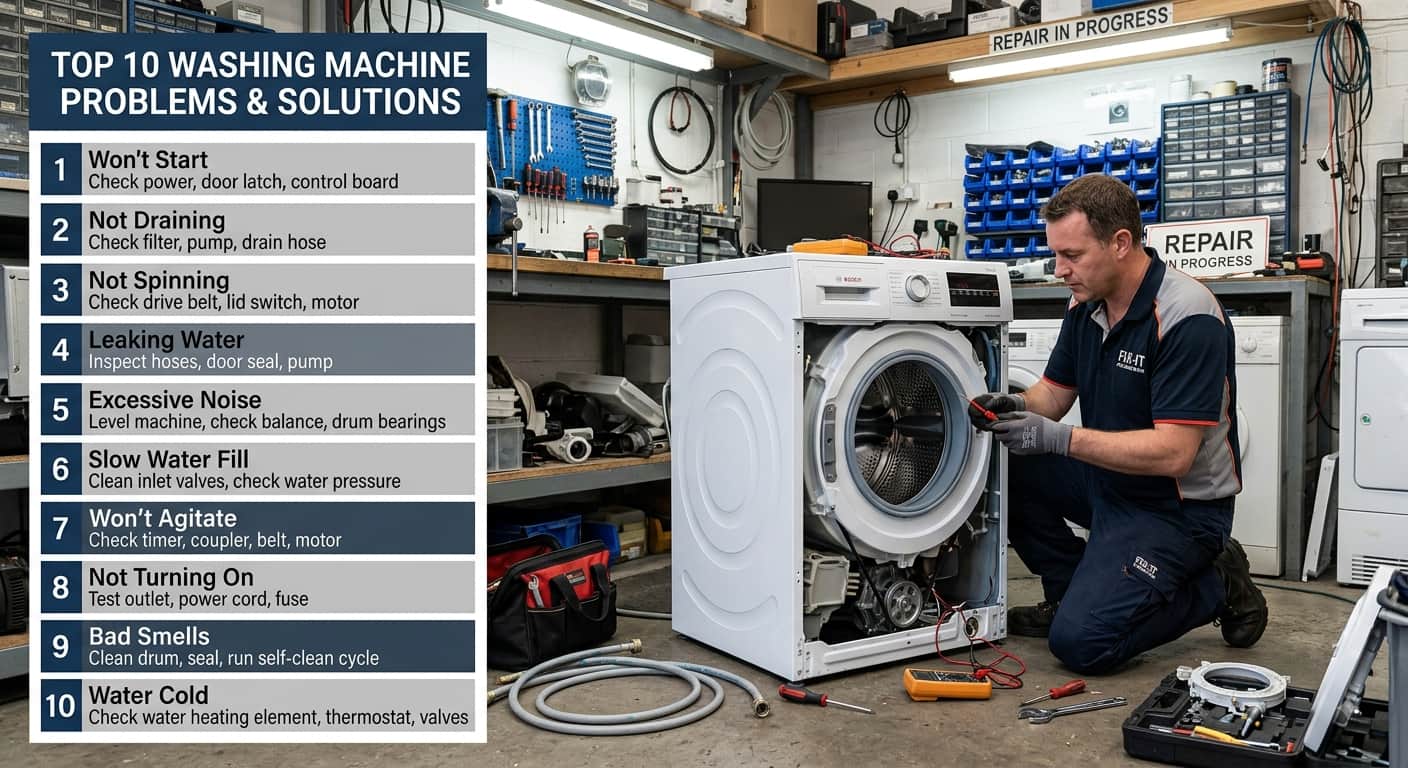 Washing machine repair technician inspecting a front-load washing machine with a list of the top 10 washing machine problems and solutions.