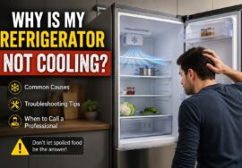 Man looking at an open refrigerator that is not cooling, with text highlighting common causes, troubleshooting tips, and when to call a professional.