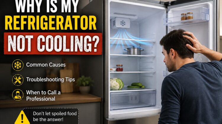 Man looking at an open refrigerator that is not cooling, with text highlighting common causes, troubleshooting tips, and when to call a professional.