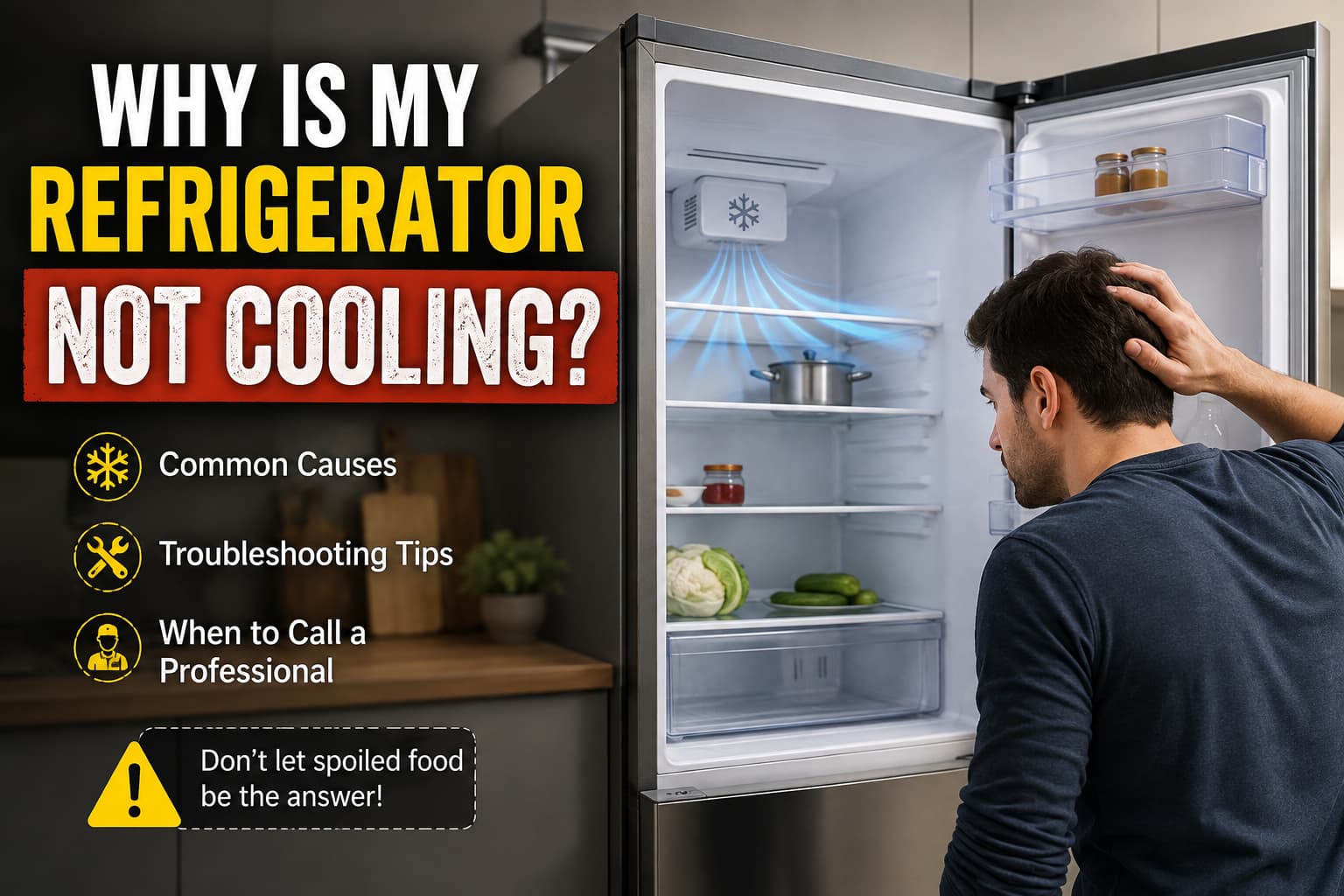 Man looking at an open refrigerator that is not cooling, with text highlighting common causes, troubleshooting tips, and when to call a professional.