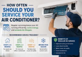 Air conditioner technician cleaning the filter of a wall-mounted AC, with information about recommended service frequency and the benefits of regular AC maintenance.