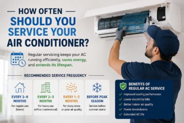 Air conditioner technician cleaning the filter of a wall-mounted AC, with information about recommended service frequency and the benefits of regular AC maintenance.