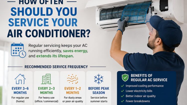 Air conditioner technician cleaning the filter of a wall-mounted AC, with information about recommended service frequency and the benefits of regular AC maintenance.