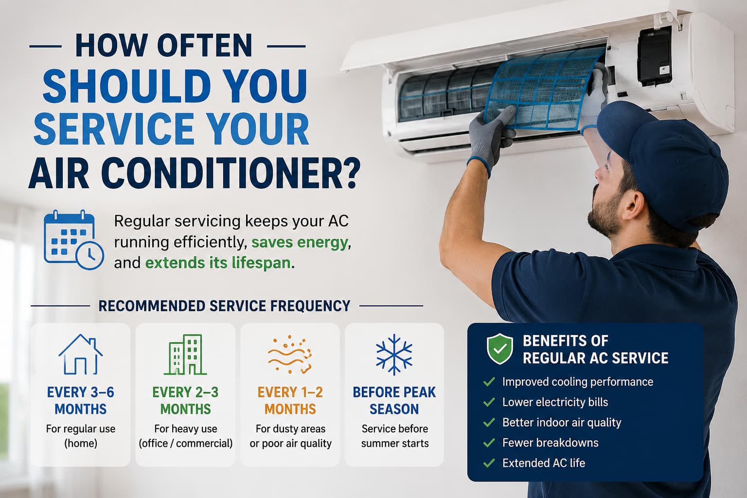 Air conditioner technician cleaning the filter of a wall-mounted AC, with information about recommended service frequency and the benefits of regular AC maintenance.